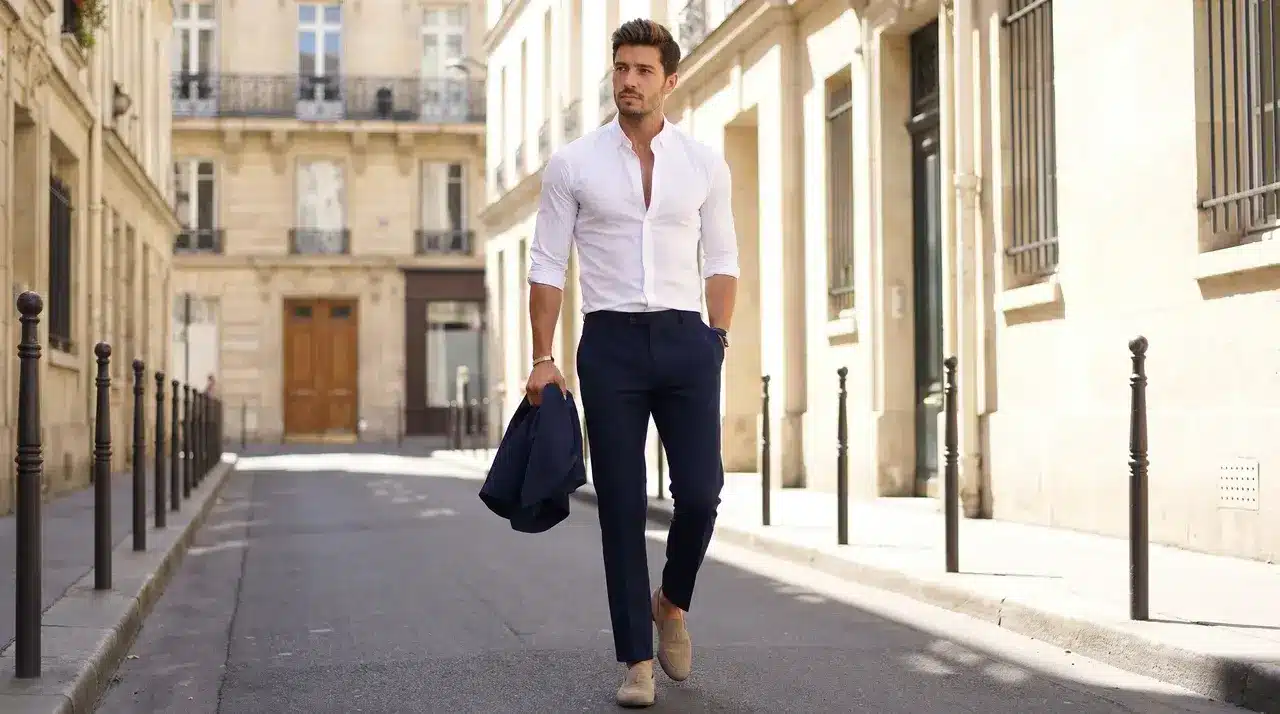 A man walking on a European-style street in white shirt, navy pants, tan loafers, holding a blazer.