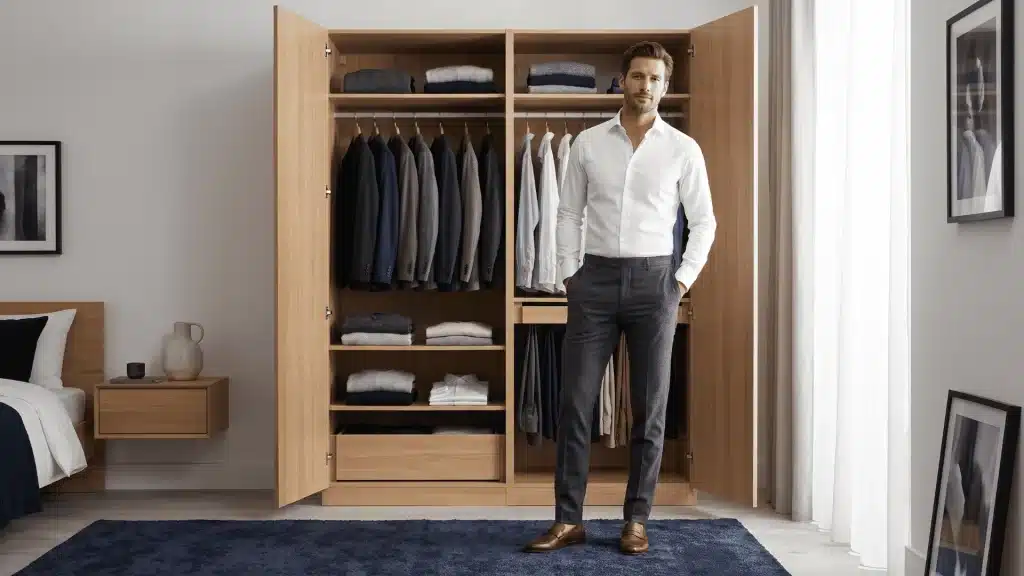 A well-dressed man in grey pants and a white shirt styled with brown shoes in a modern bedroom.