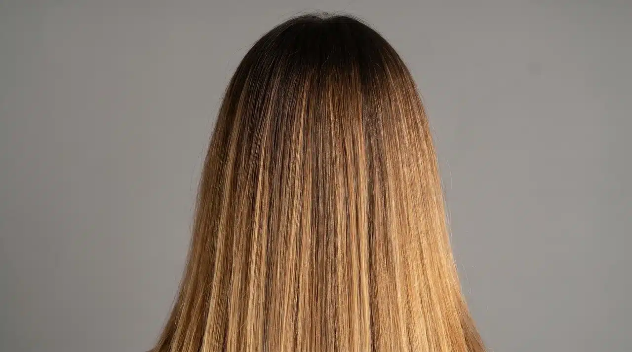 Long hair with a color gradient from dark brown roots to warm blonde ends against a plain gray background.
