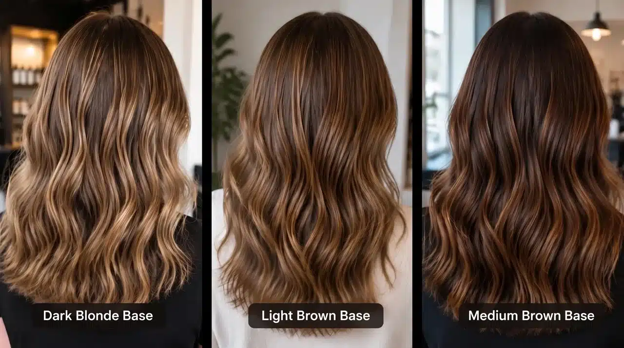 Close-up of hair showing teddy bear blonde highlights blending smoothly into dark blonde and medium brown strands.