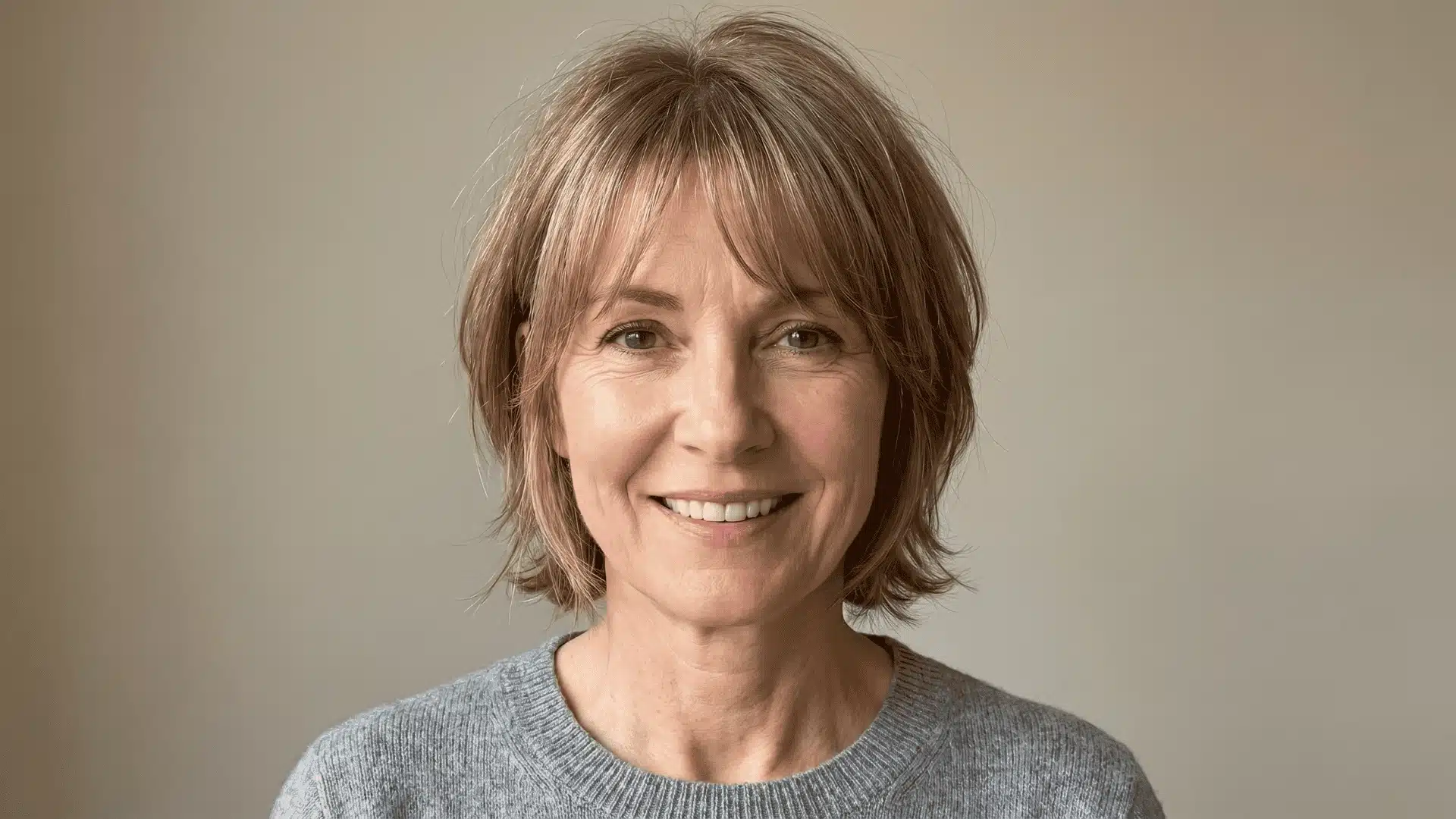 Woman with fine hair wearing bixie haircut with soft fringe framing the forehead