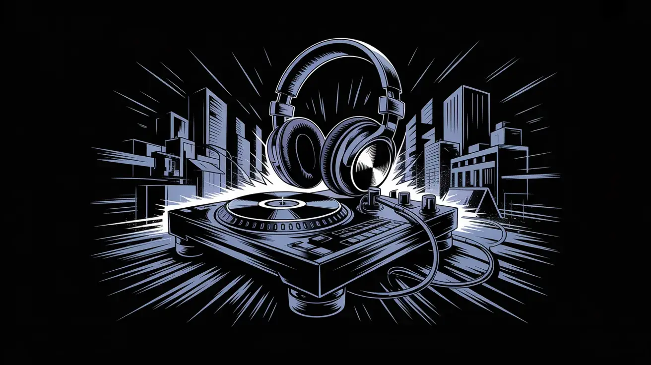 Black and white illustration of turntables and headphones with city skyline and dynamic lines, creating an energetic, urban music vibe.