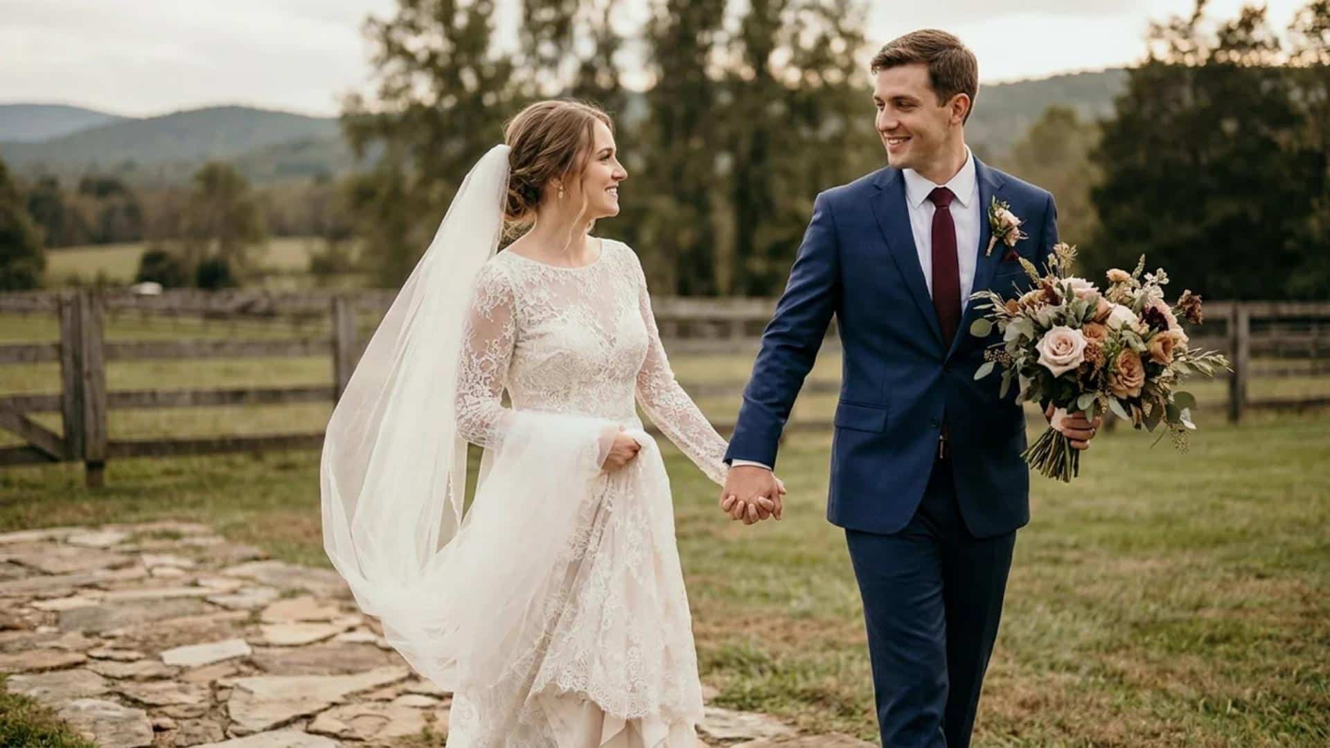 Bride and groom walking outdoors holding hands during candid wedding lifestyle photography