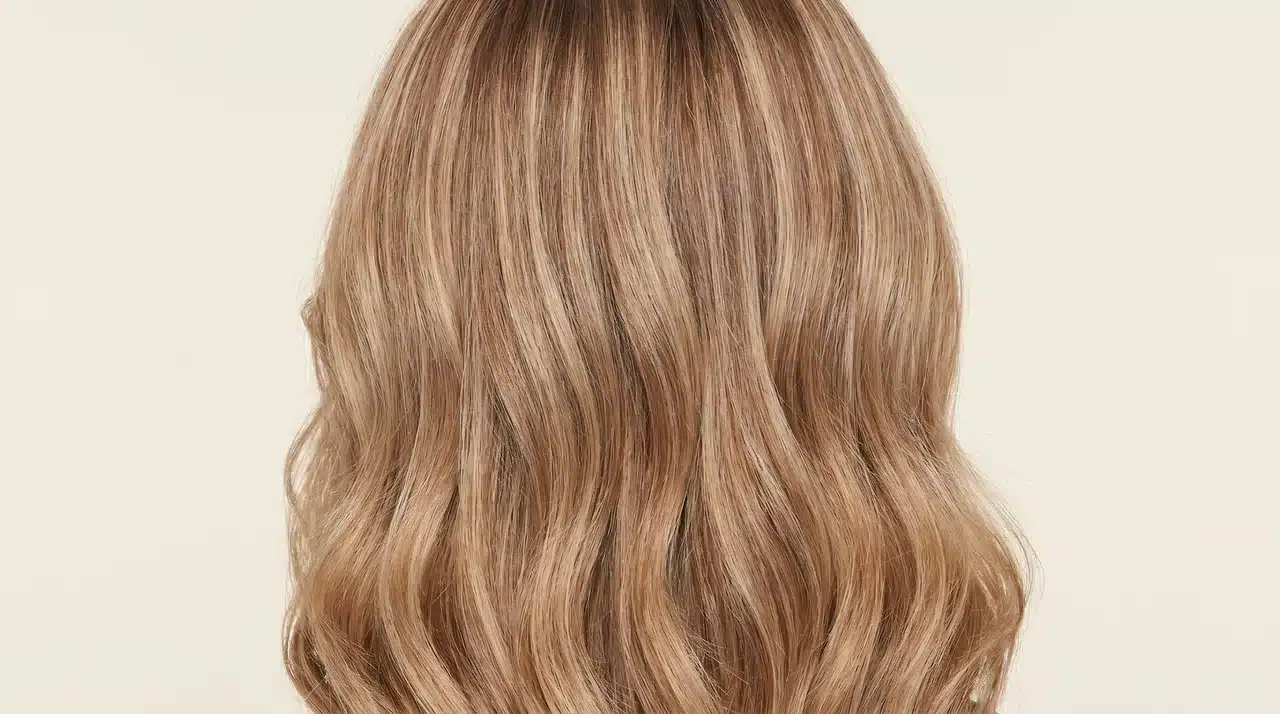 A close-up view of medium-length hair with an even blend of honey, beige, and caramel highlights on a cream background.
