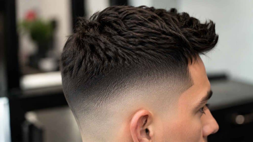 Close up of a realistic skin fade haircut with textured dark hair in a barbershop