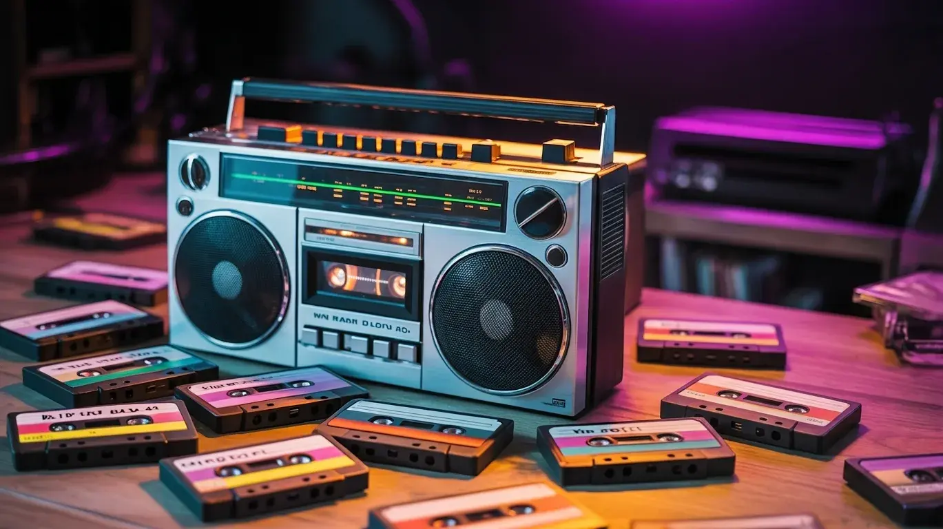 Close-up of a vintage boombox with cassette tapes scattered around, set against a colorful neon-lit background.