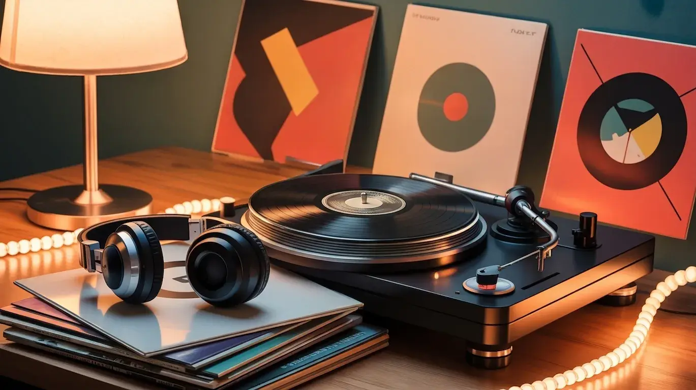 Close-up of a vinyl turntable with headphones and album covers in a cozy, well-lit setting, evoking a relaxed music atmosphere.