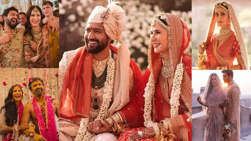 Collage having Katrina Kaif and Vicky Kaushal's wedding photos