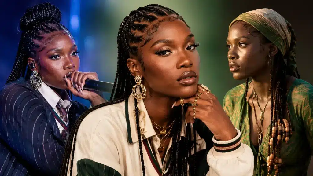 Collage of three stylish portraits of Doechii showing her performance energy, fashion-forward style, and artistic presence