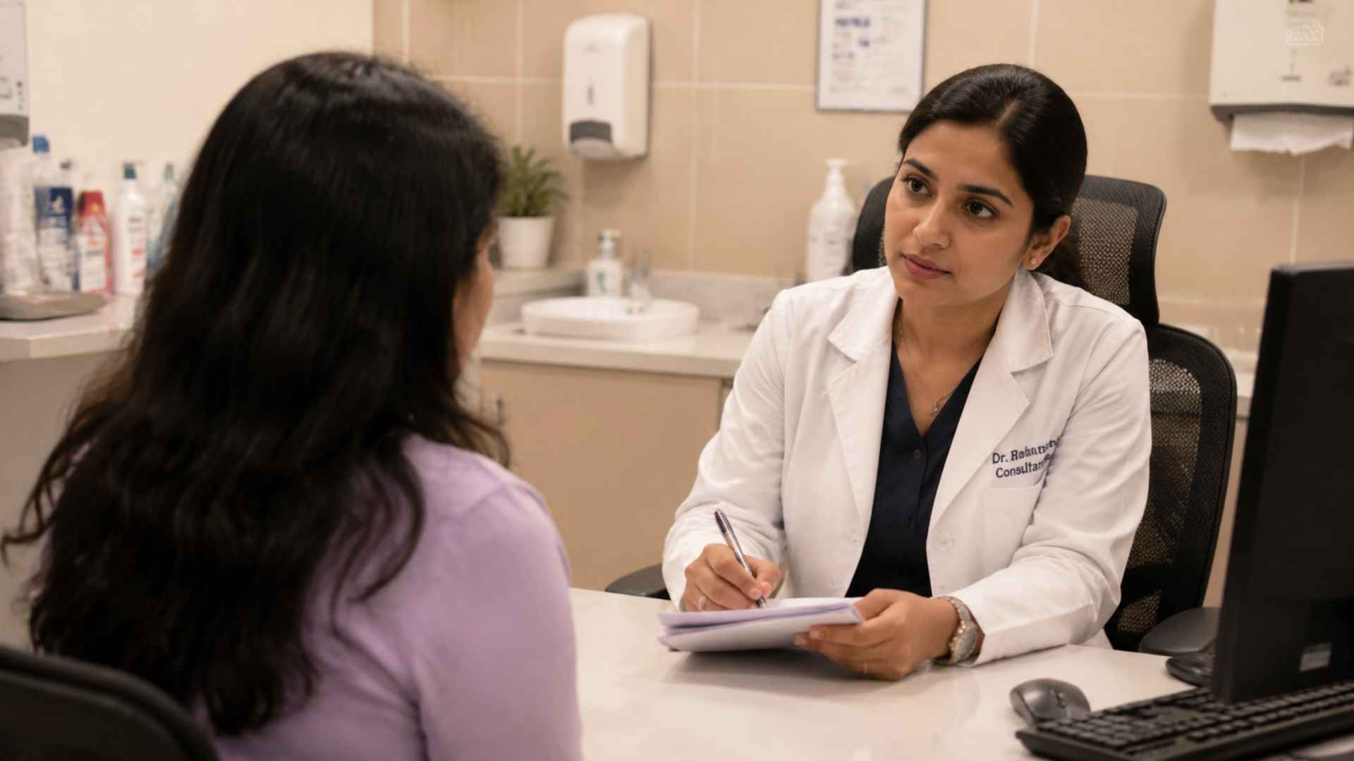 Patient consulting a dermatologist about persistent hair thinning in a clinic