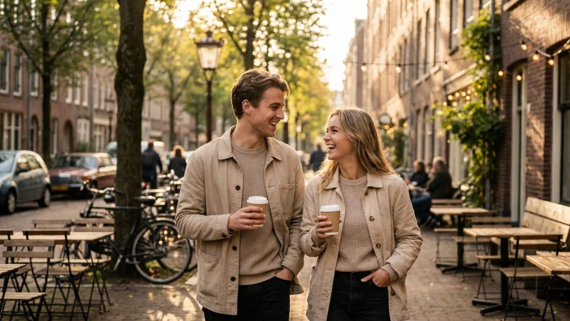 Couple walking with coffee on a city street during relaxed lifestyle photography session