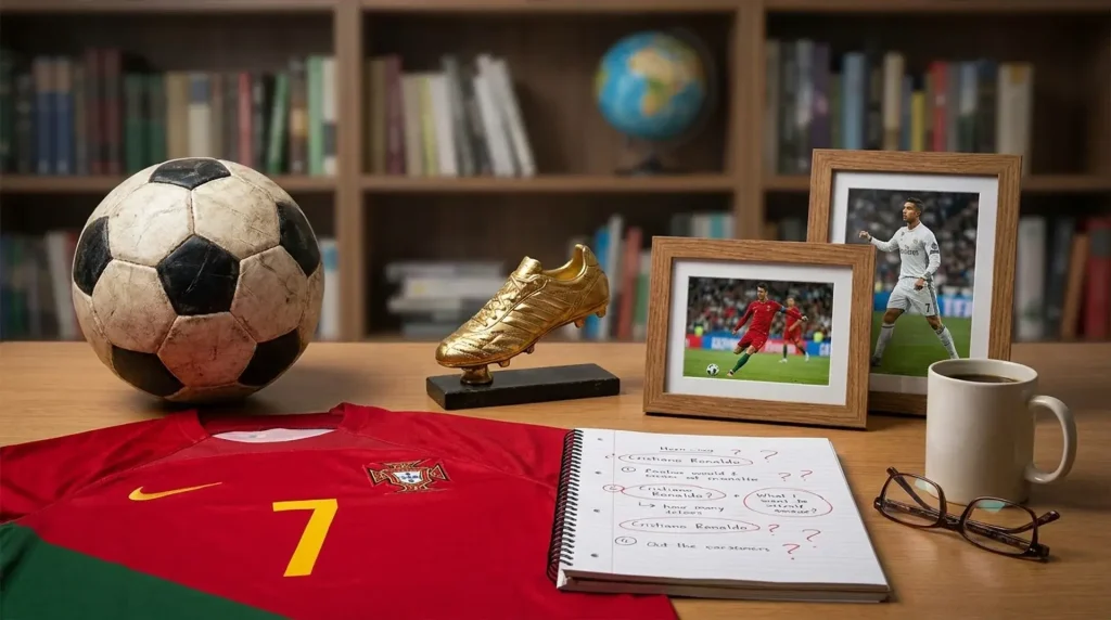 Cristiano Ronaldo-themed desk setup with a Portugal jersey, football, golden boot trophy, framed photos, and notes about his career achievements
