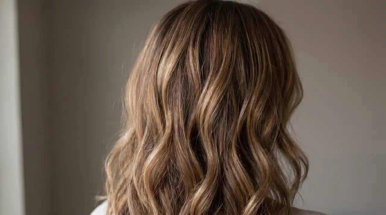 Dark teddy bear blonde hair with honey and caramel pieces on medium brown to dark blonde base