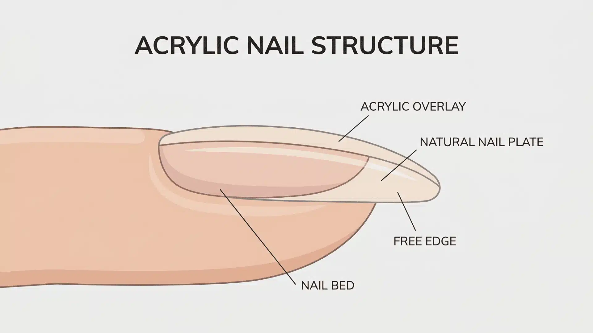 Cross-section of an acrylic nail on a natural nail showing layers and possible stress areas.