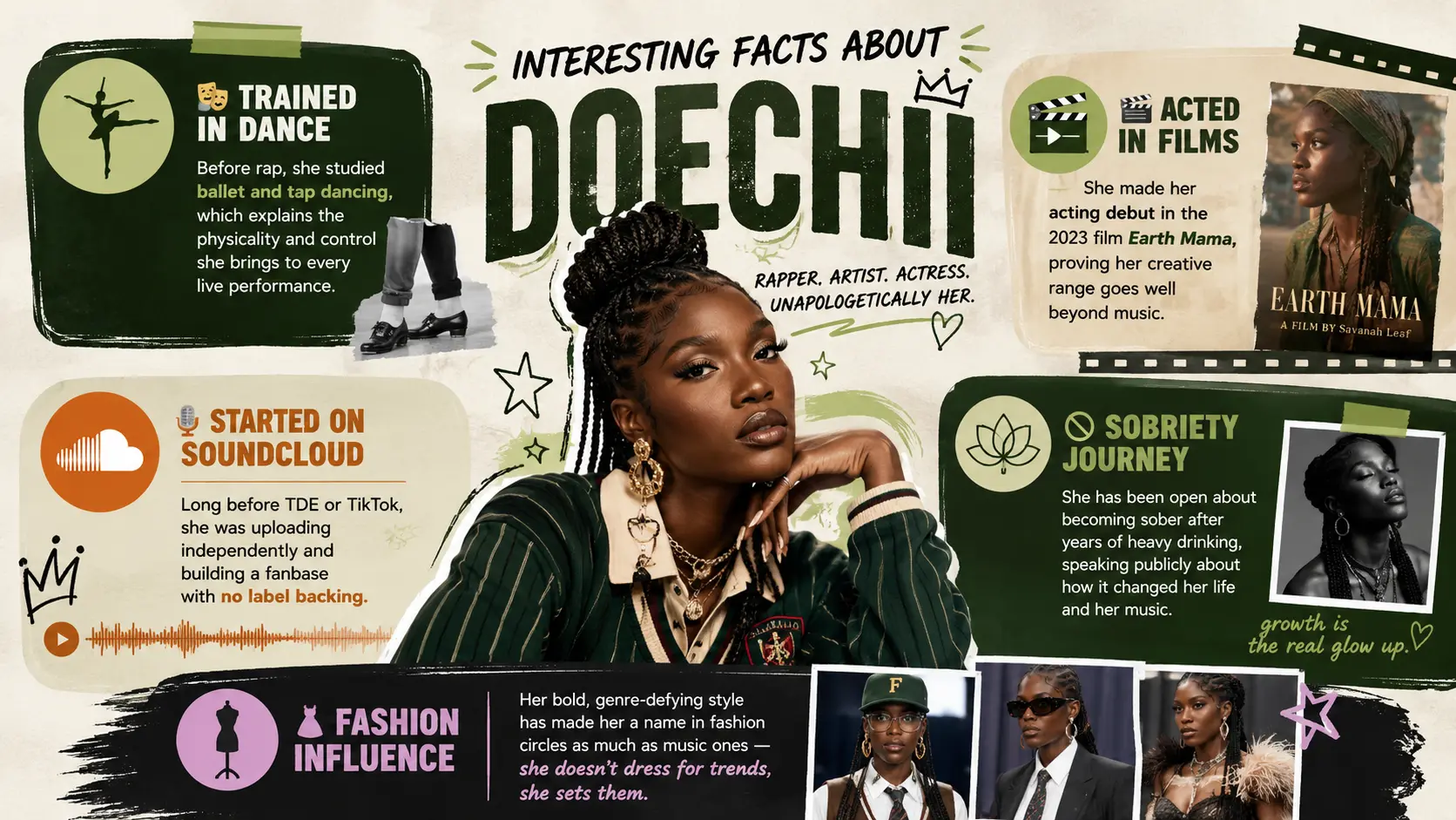 Doechii facts infographic highlighting her dance training, acting debut, SoundCloud roots, sobriety journey