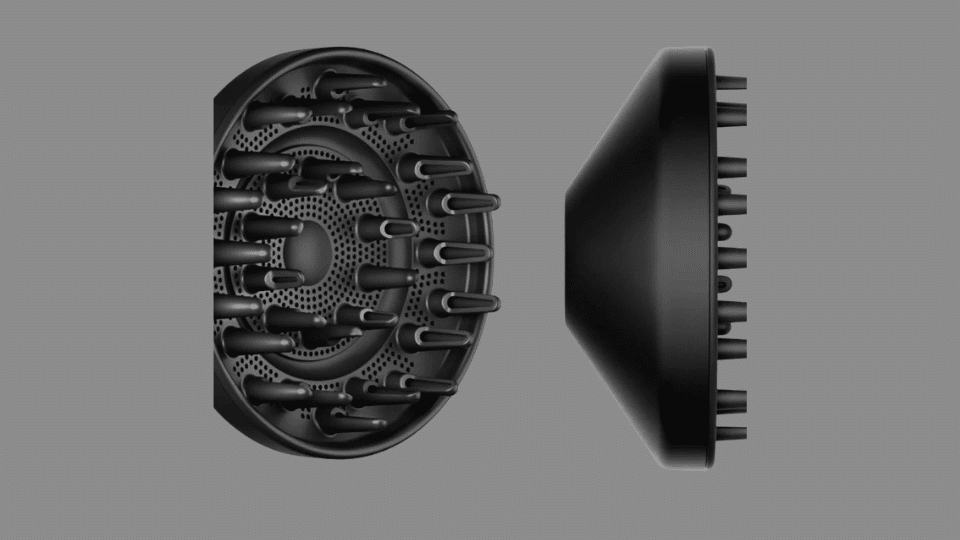 Black Dyson Supersonic hair diffuser attachment with finger prongs shown from front and side view