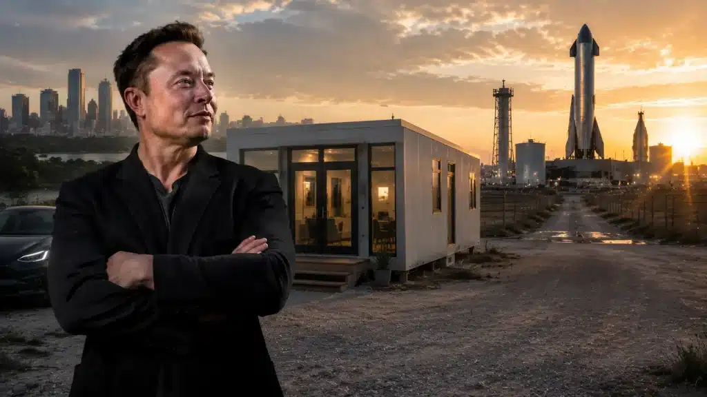Elon Musk near his minimalist Texas home by a SpaceX launch site