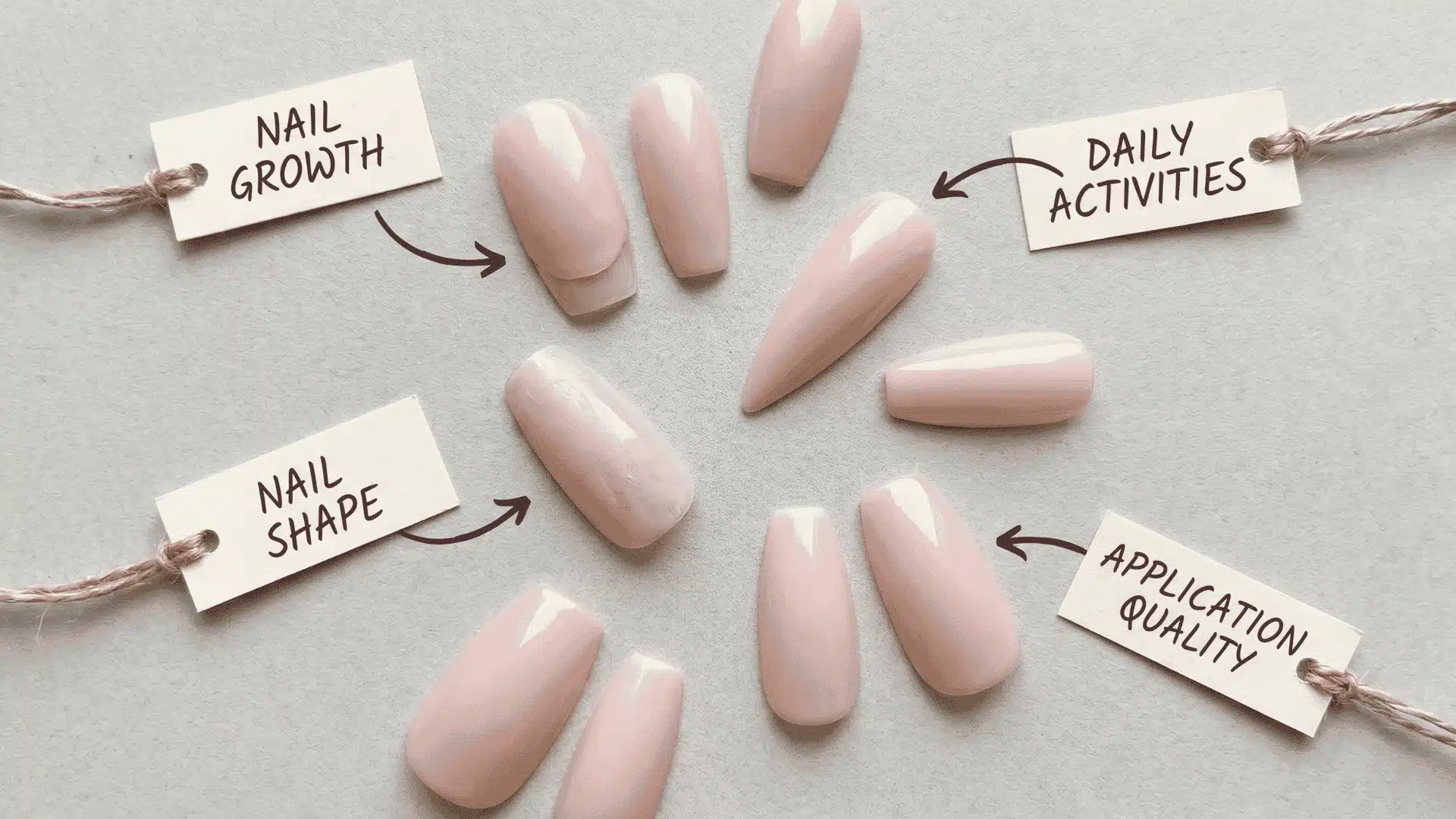 Acrylic nails with labels showing nail growth, daily activities, shape, and application affecting longevity.