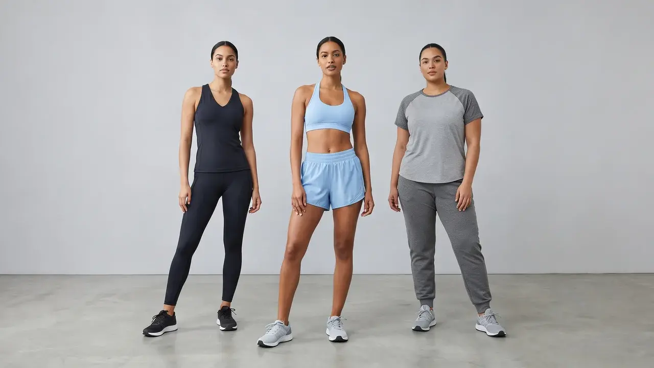 Female athletic models wearing V-neck, halter, and raglan tops, full-body view