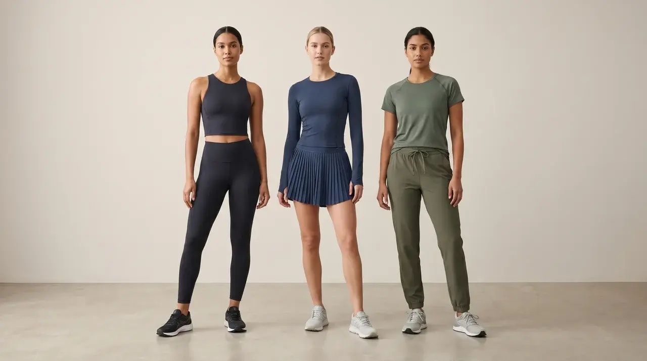 Female athletic models wearing high-waisted pants, flared skirts, and straight pants, full-body view