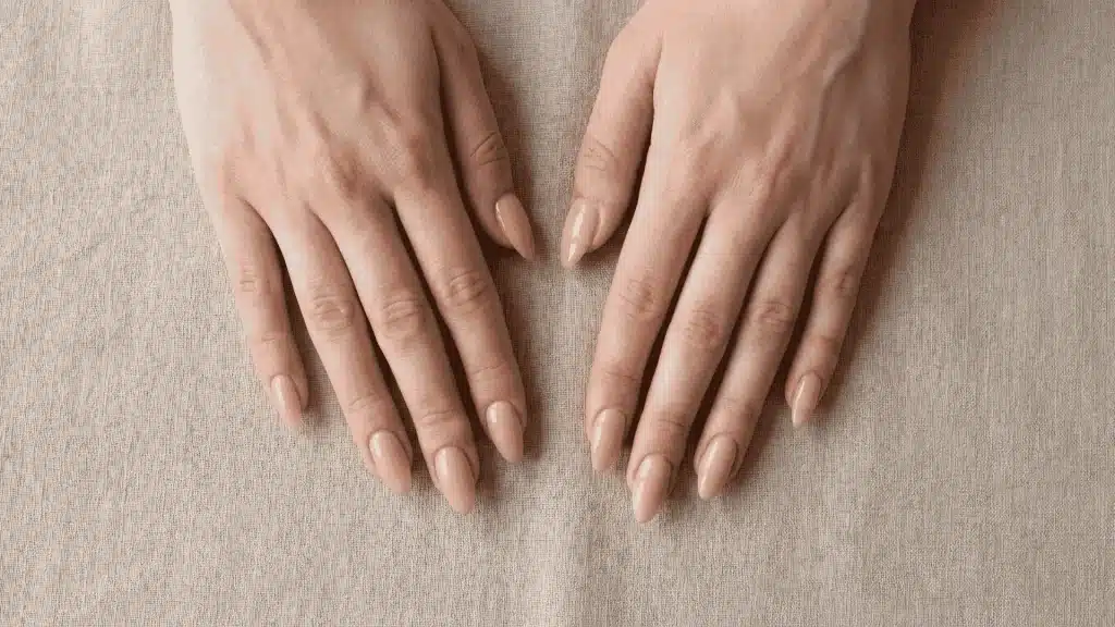Freshly applied acrylic nails on hands showing length, shape, and structure for an informational overview.