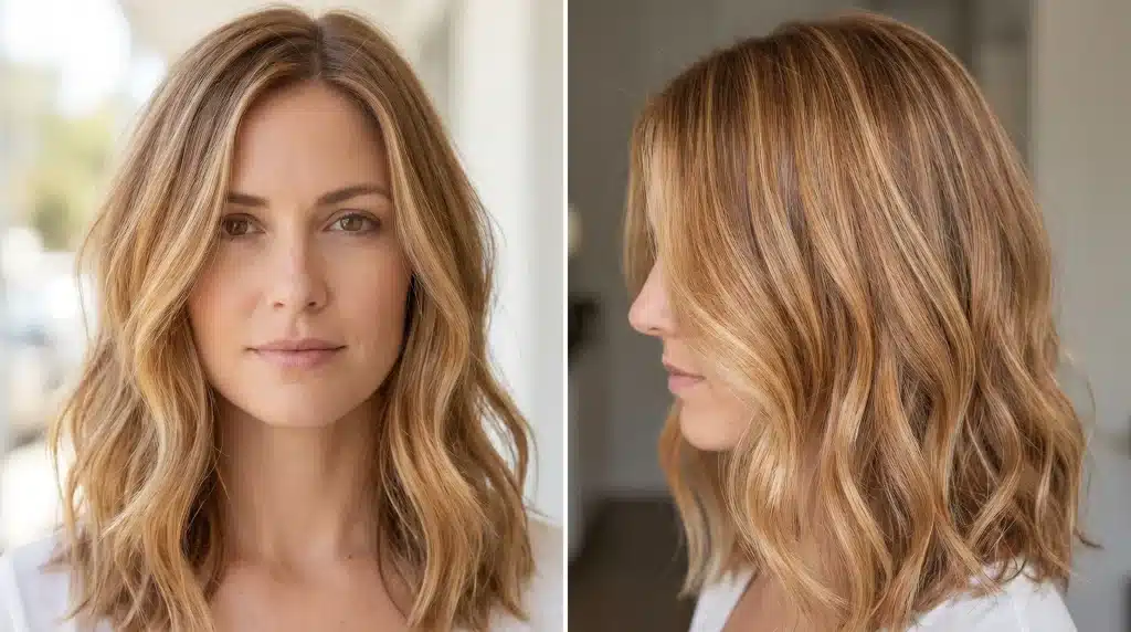Front and side views of a woman with medium-length wavy blonde hair showing natural color variation and texture