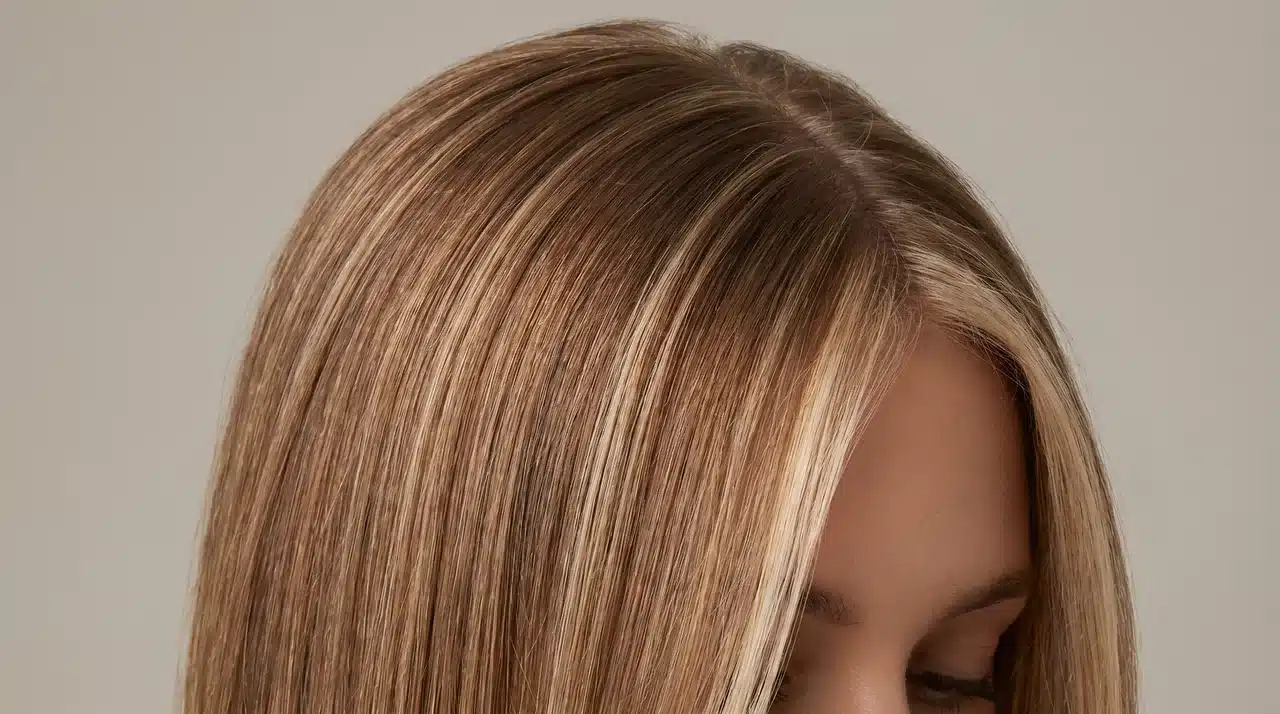 Medium-length hair with face-framing highlights and a money piece around the front strands