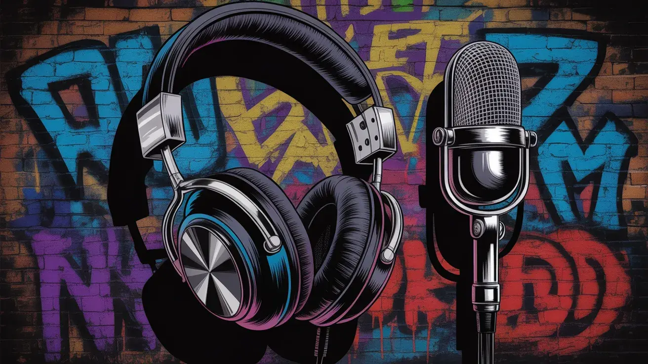 Illustration of headphones and a microphone against a colorful graffiti wall, capturing a vibrant urban music atmosphere.