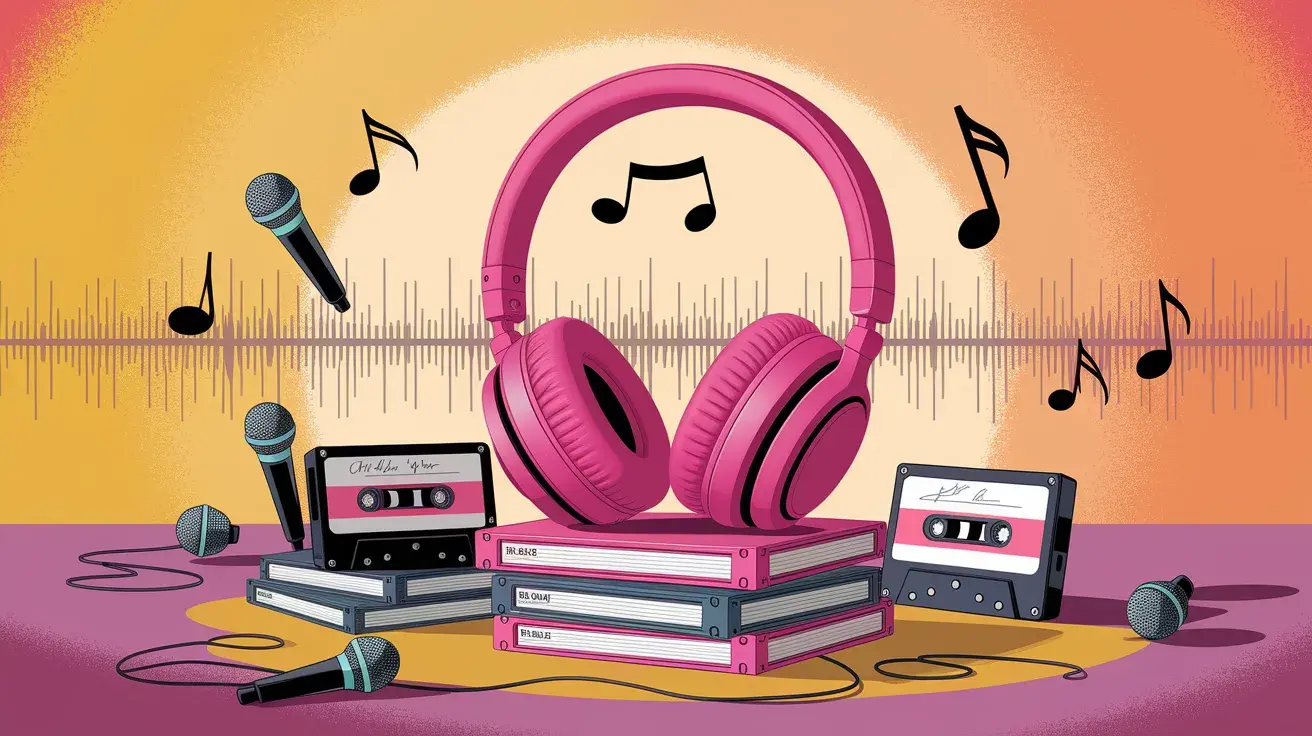 Illustration of pink headphones, cassette tapes, and microphones with musical notes and a soundwave in the background, creating a vibrant music theme.