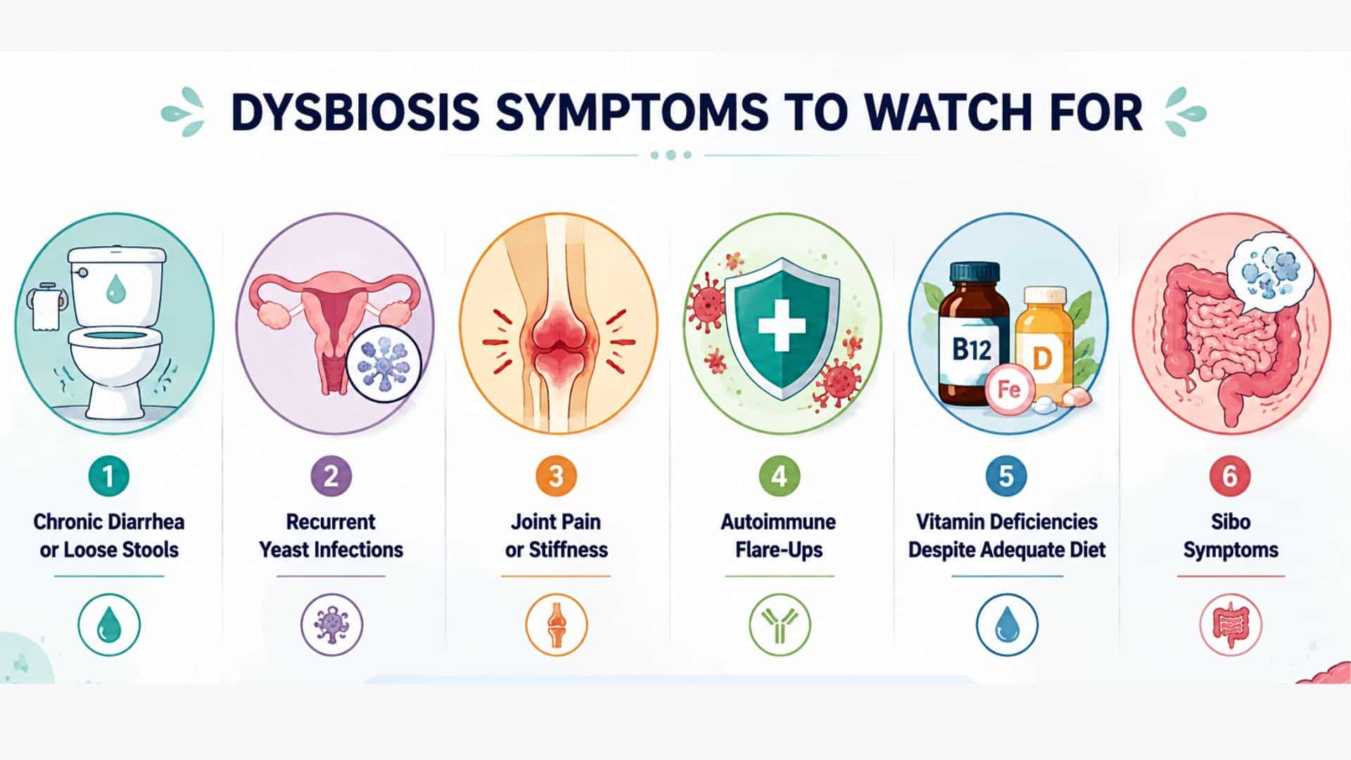 Infographic showing key dysbiosis symptoms with icons for chronic diarrhea, yeast infections, joint pain, autoimmune flare-ups, vitamin deficiencies, and SIBO
