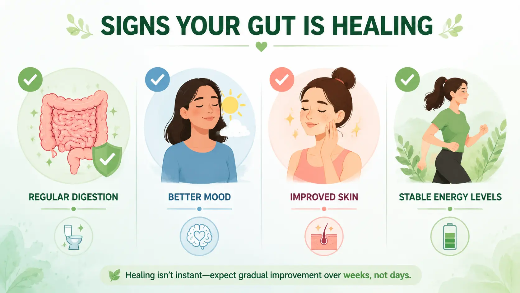 Infographic showing signs of gut healing with icons for regular digestion, better mood, improved skin, and stable energy levels