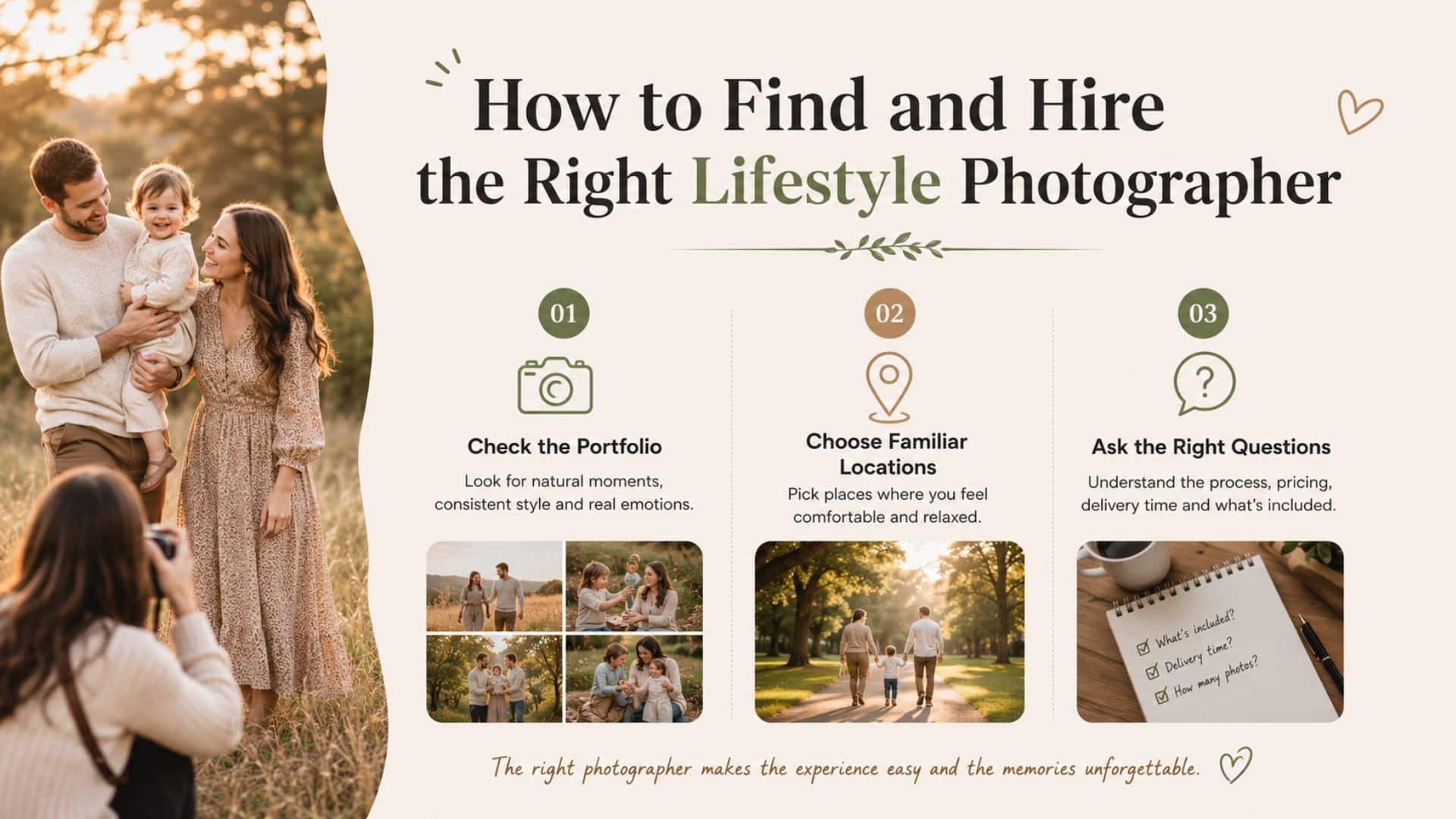 Infographic showing three tips for choosing the right lifestyle photographer with warm family visuals