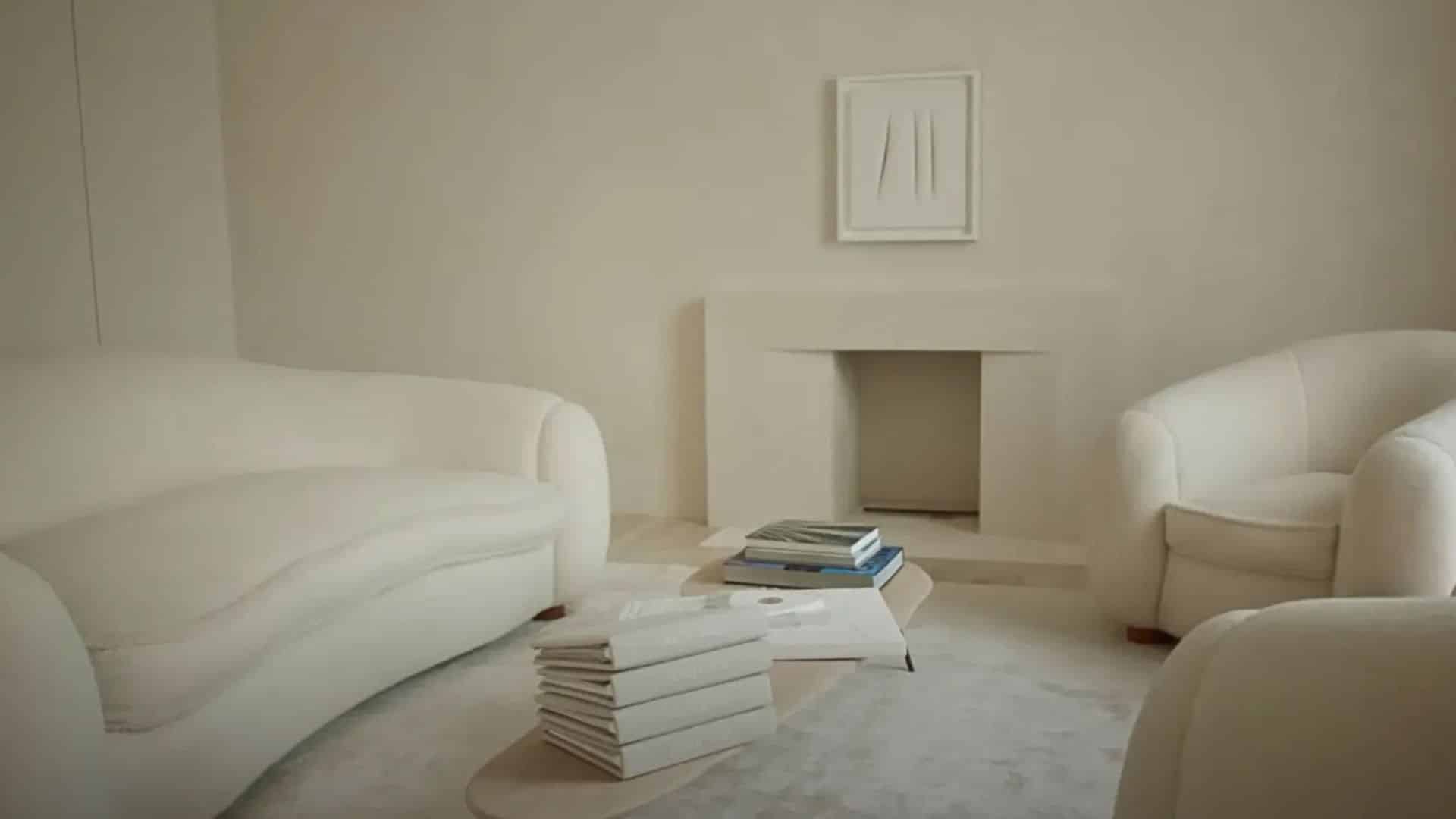Kim Kardashian living room minimalist design open plan Jean Royère furniture