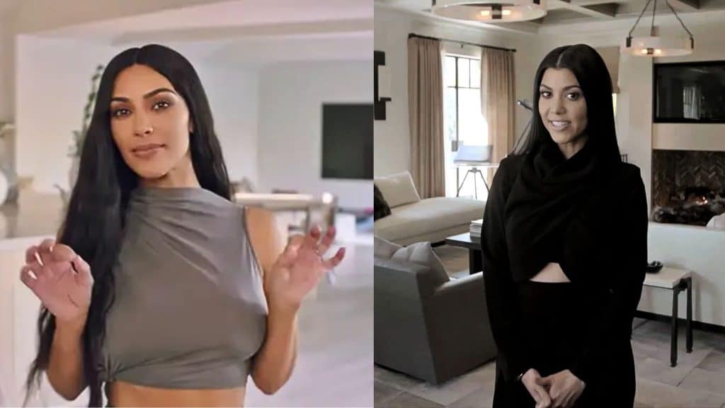 Kim and Kourtney Kardashian in a chic, modern home interior with minimalist decor