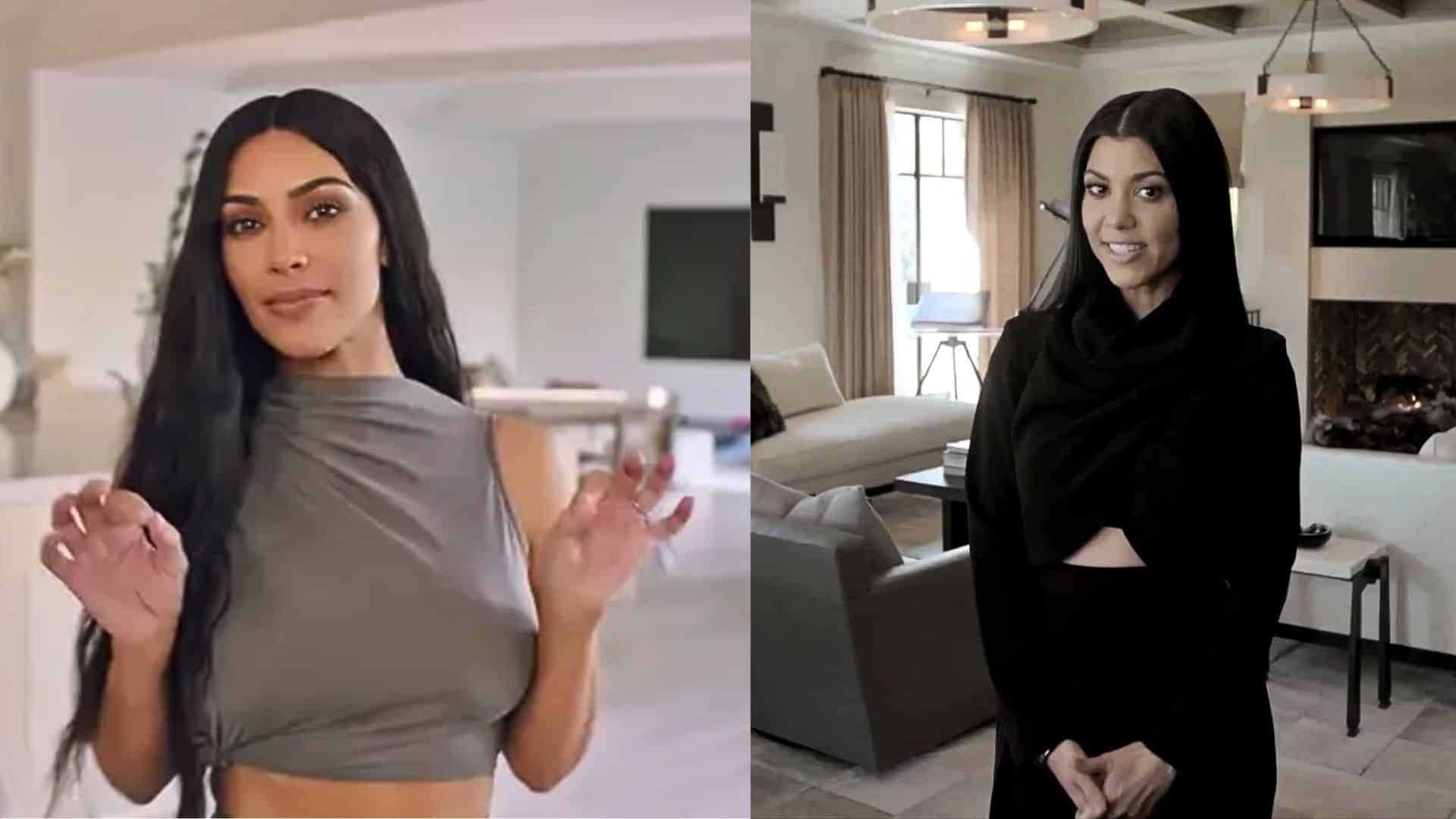 Kim and Kourtney Kardashian in a chic, modern home interior with minimalist decor