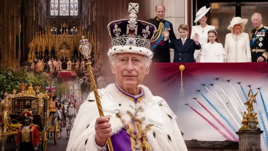 King Charles III wearing the Imperial State Crown during the coronation ceremony with royal processions and Buckingham Palace scenes