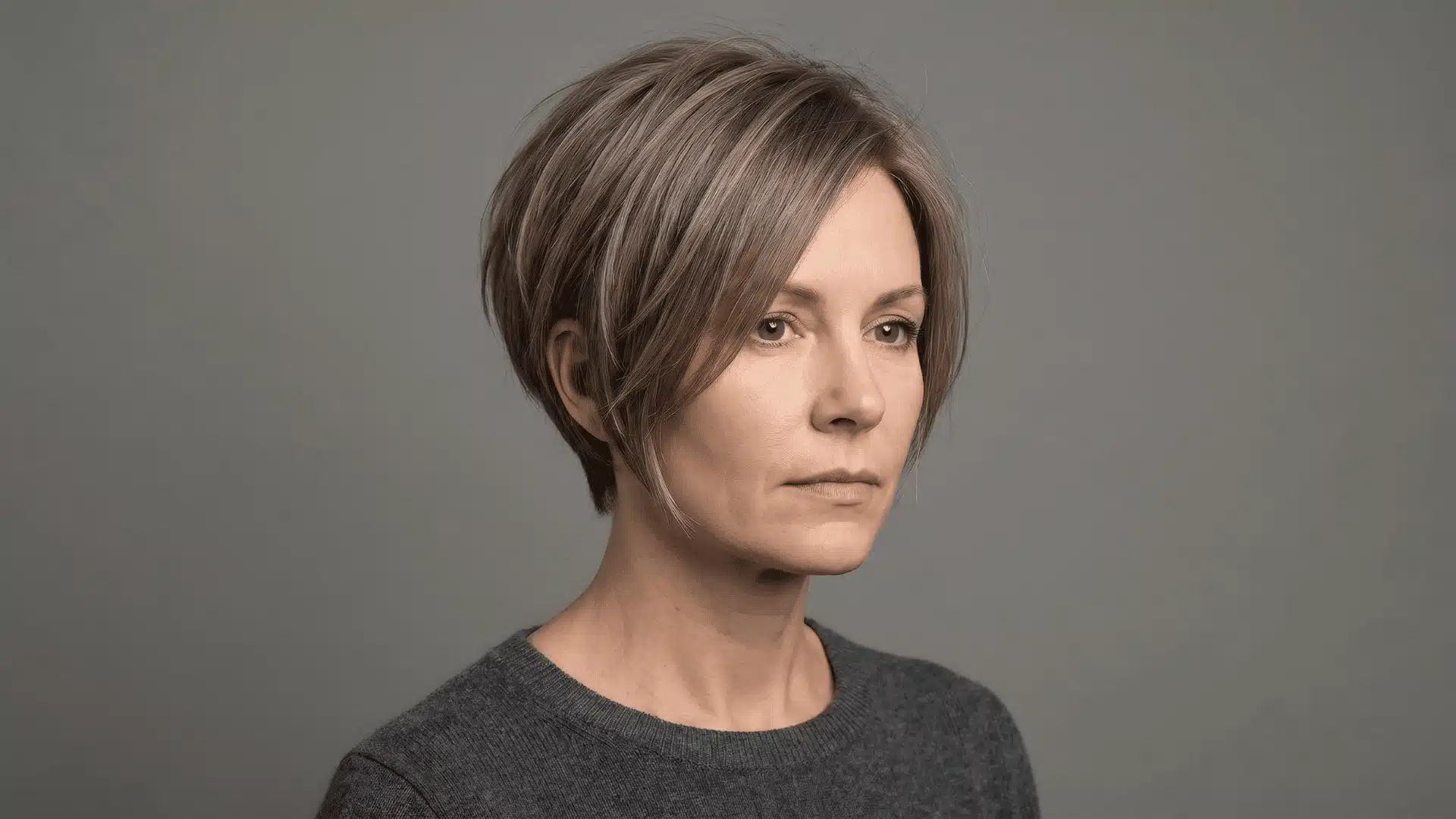 Woman with fine hair wearing layered pixie-bob bixie with short back and graduated front layers