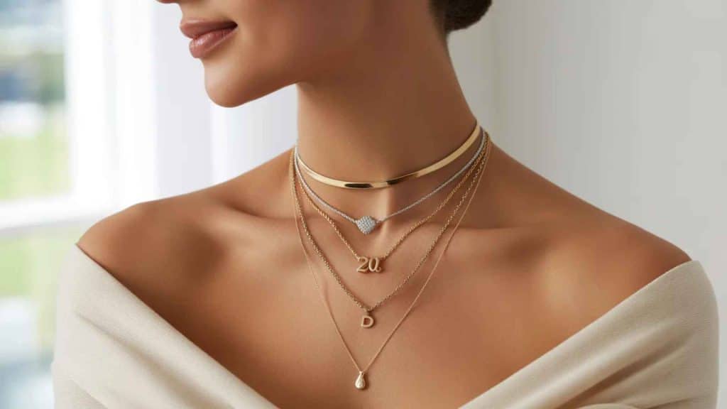 Layered necklaces in mixed metals on a woman wearing an ivory off-shoulder top