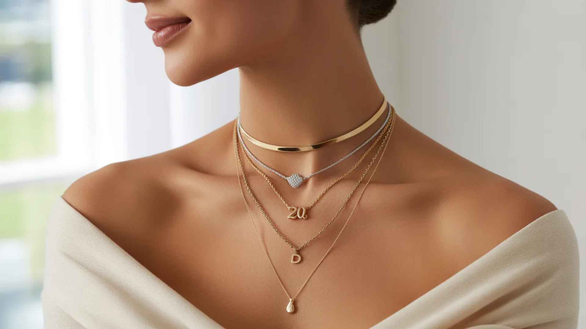 Layered necklaces in mixed metals on a woman wearing an ivory off-shoulder top