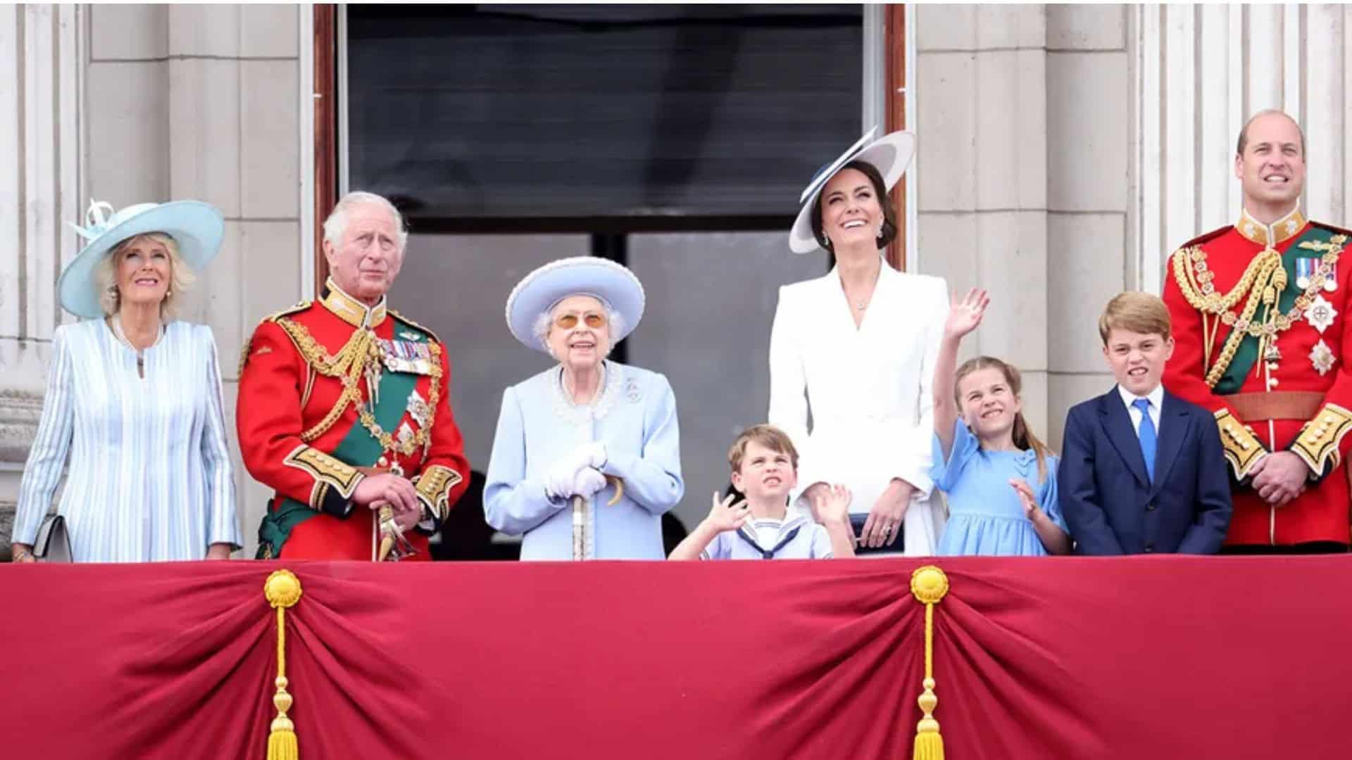 Members of the British royal family standing on the Buckingham Palace balcony during a public royal celebration