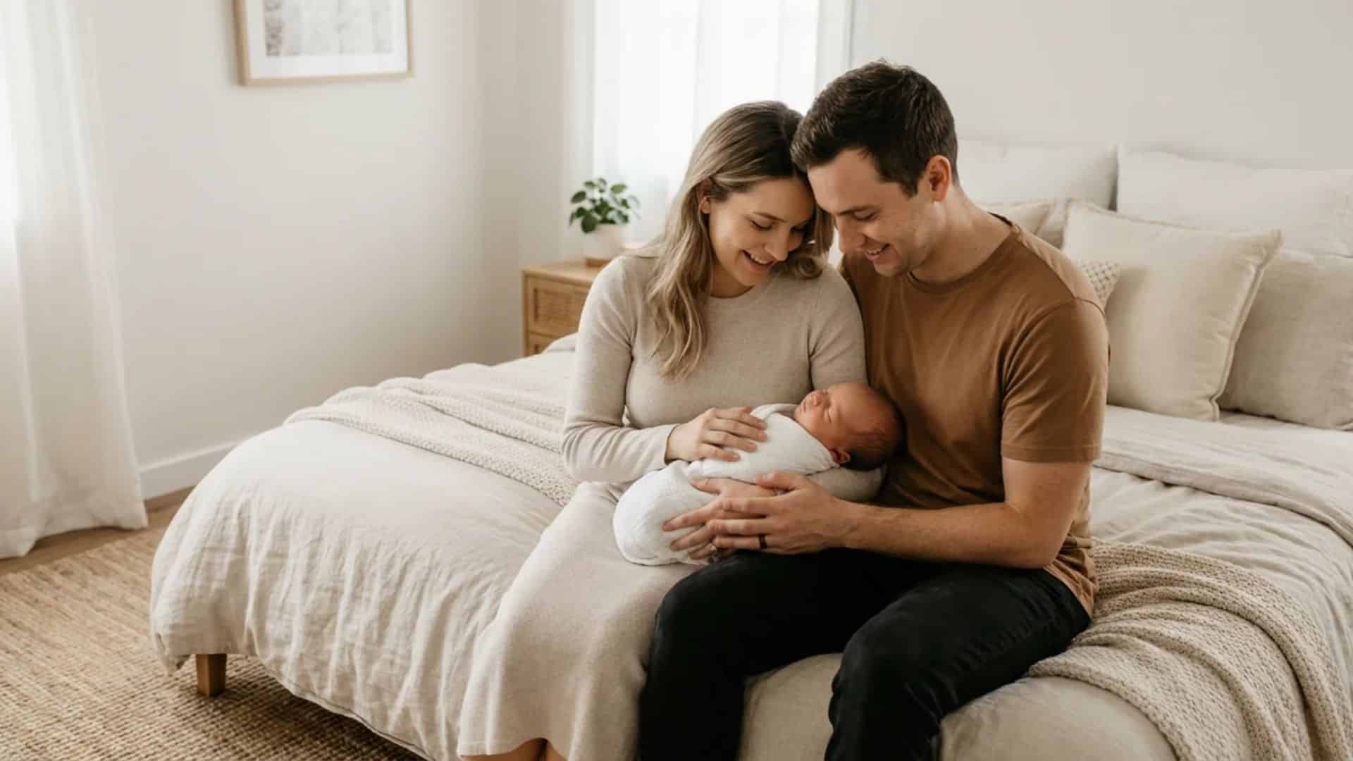 Mother and father holding sleeping newborn baby in cozy bedroom lifestyle photography