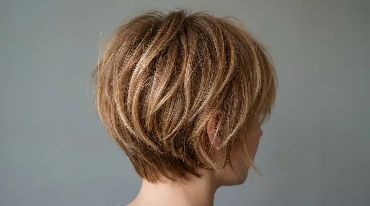 Short pixie or bob hair with teddy bear blonde tones and subtle highlights for texture and dimension
