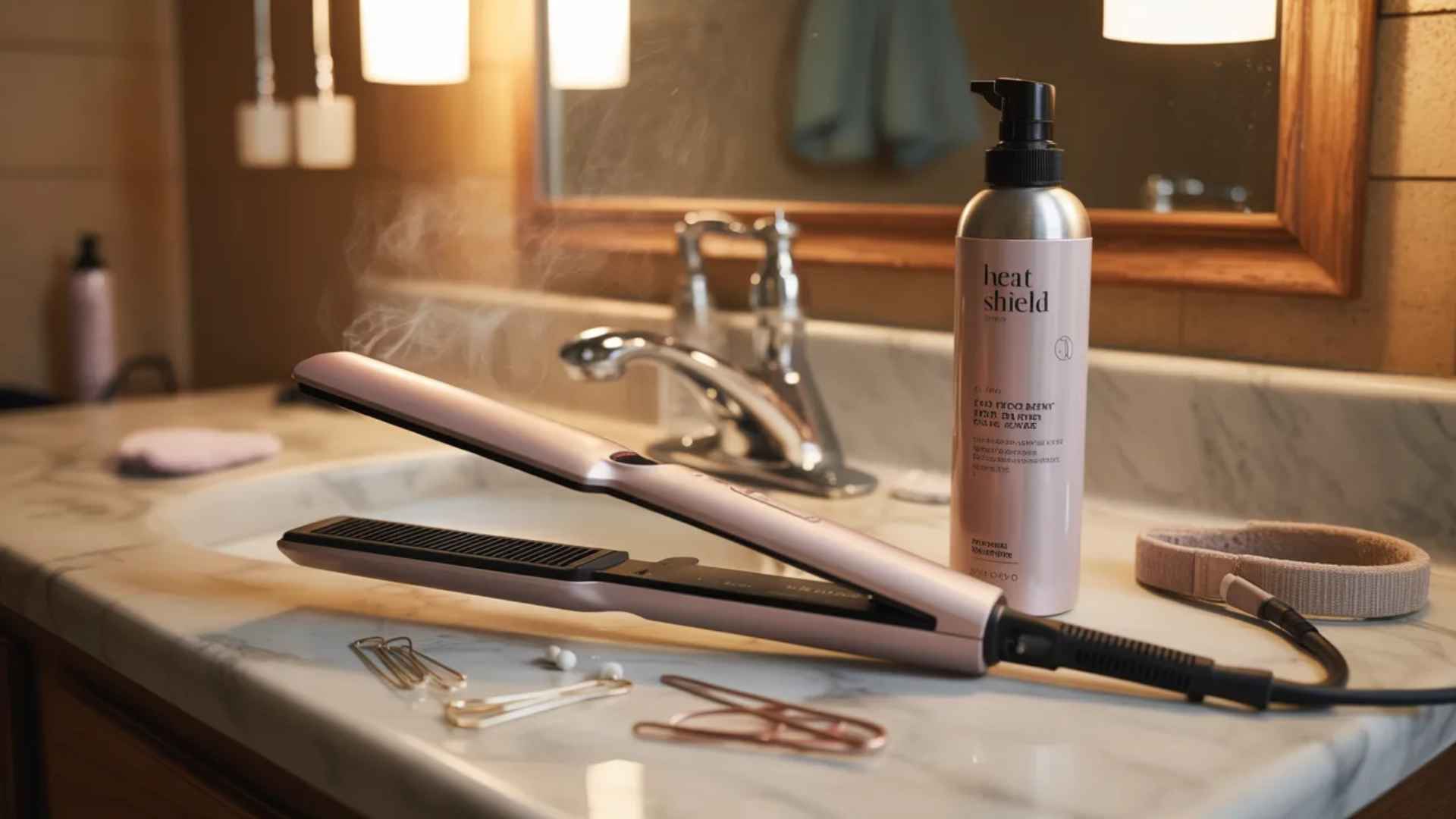 Hair straightener and blow dryer on counter next to heat protectant spray bottle