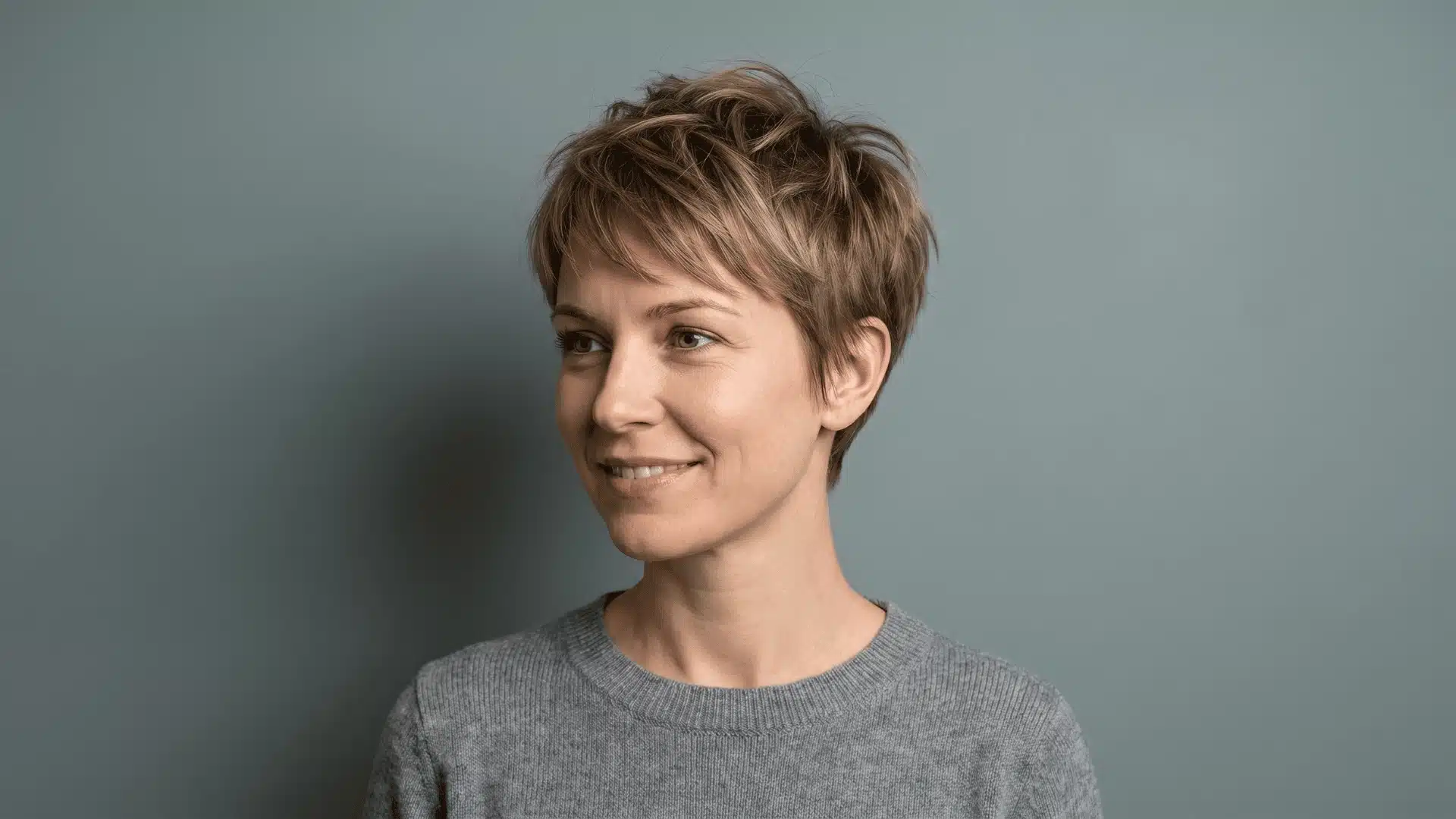 Woman with fine hair wearing short, layered bixie haircut with lifted crown and cropped back
