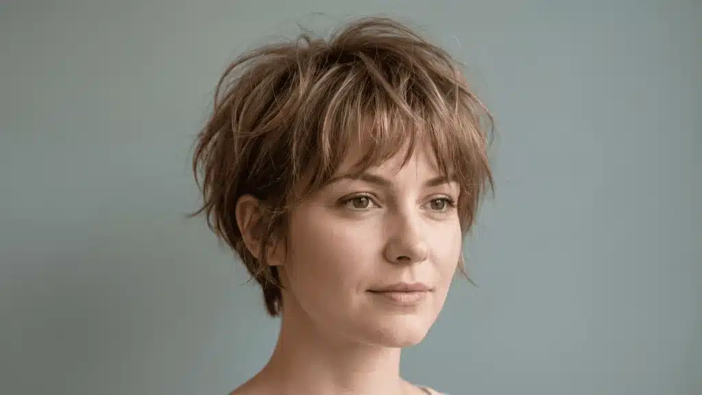Short, layered bixie haircut on fine hair with volume, shown on mannequin head against neutral background