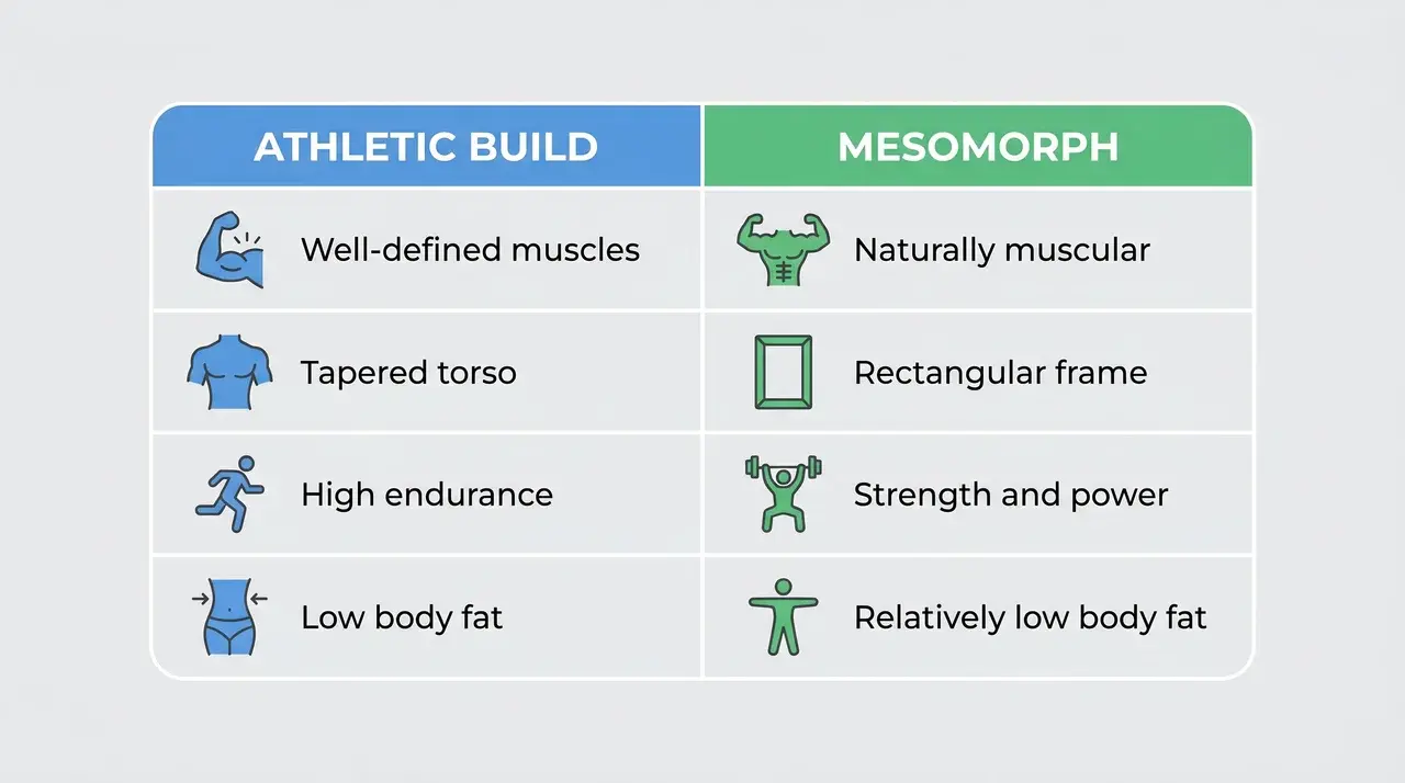 Side-by-side table comparing athletic build and mesomorph traits