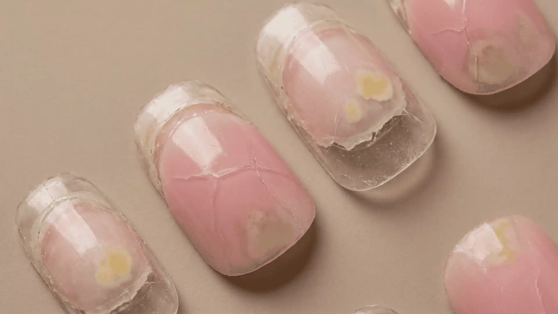 Acrylic nails showing lifting, cracks, and discoloration indicating removal is needed.