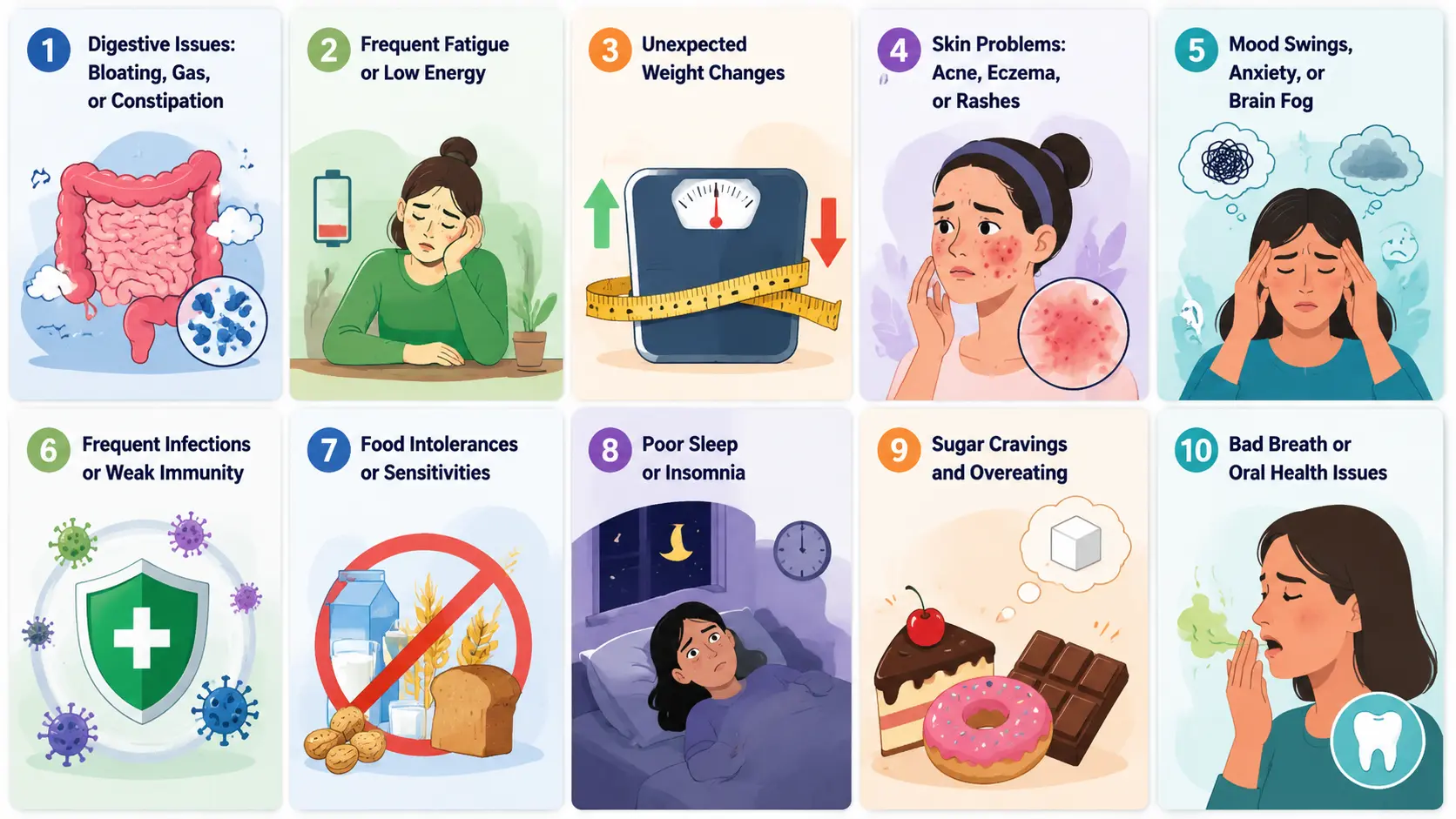 Signs of an unhealthy gut with icons for digestion, fatigue, weight, skin, mood, immunity, food sensitivities, sleep, sugar cravings, and bad breath