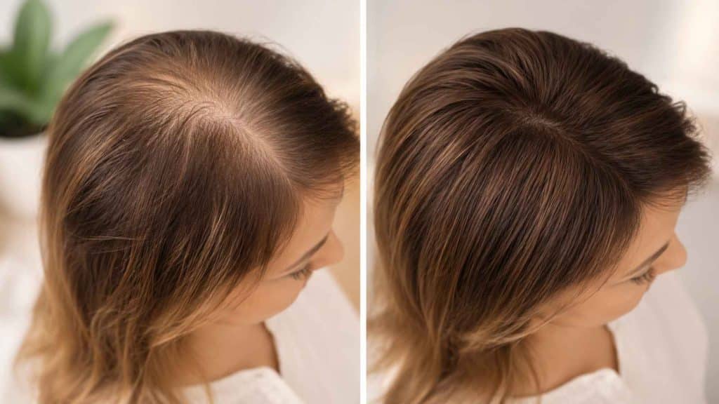 Smooth, shiny, thick hair viewed from behind, minimalistic background.