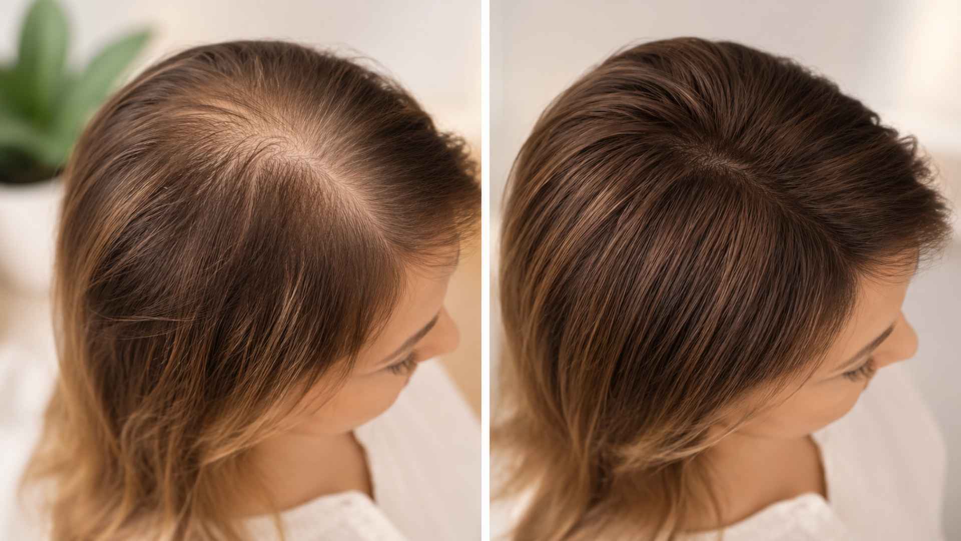 Smooth, shiny, thick hair viewed from behind, minimalistic background.